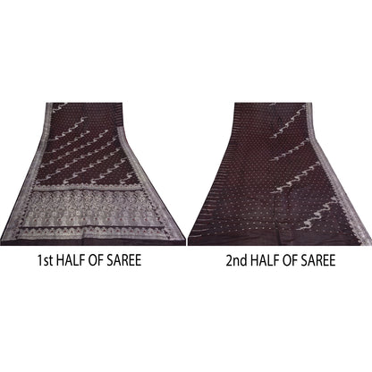 Sanskriti Vintage Dark Brown Sarees Pure Satin Silk Woven Banarasi Sari Sustainable Fabric
