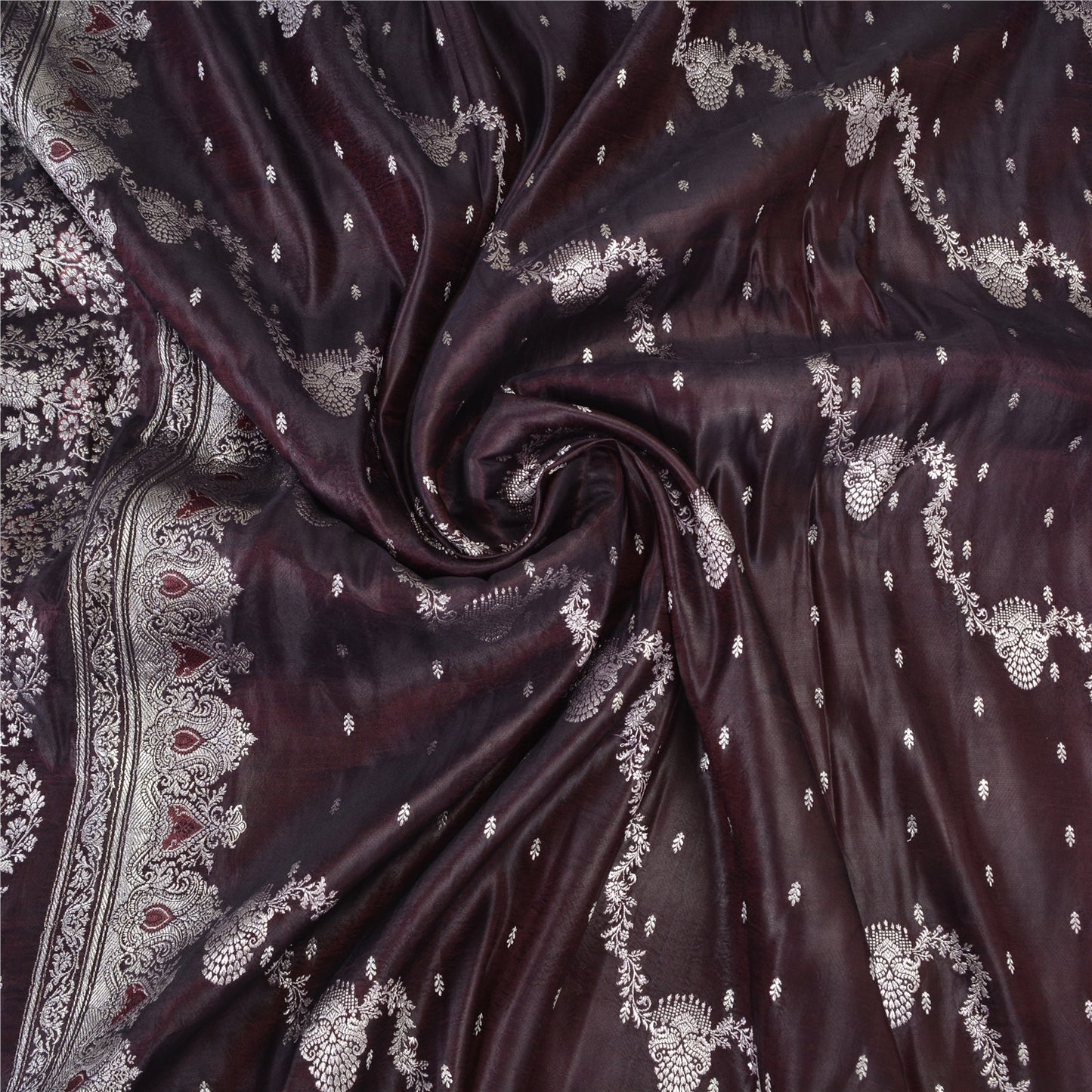 Sanskriti Vintage Dark Brown Sarees Pure Satin Silk Woven Banarasi Sari Sustainable Fabric