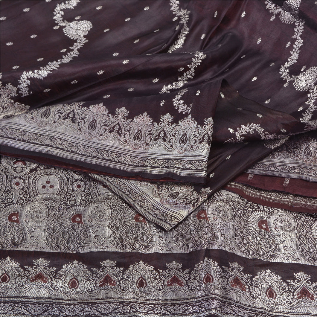 Sanskriti Vintage Dark Brown Sarees Pure Satin Silk Woven Banarasi Sari Fabric