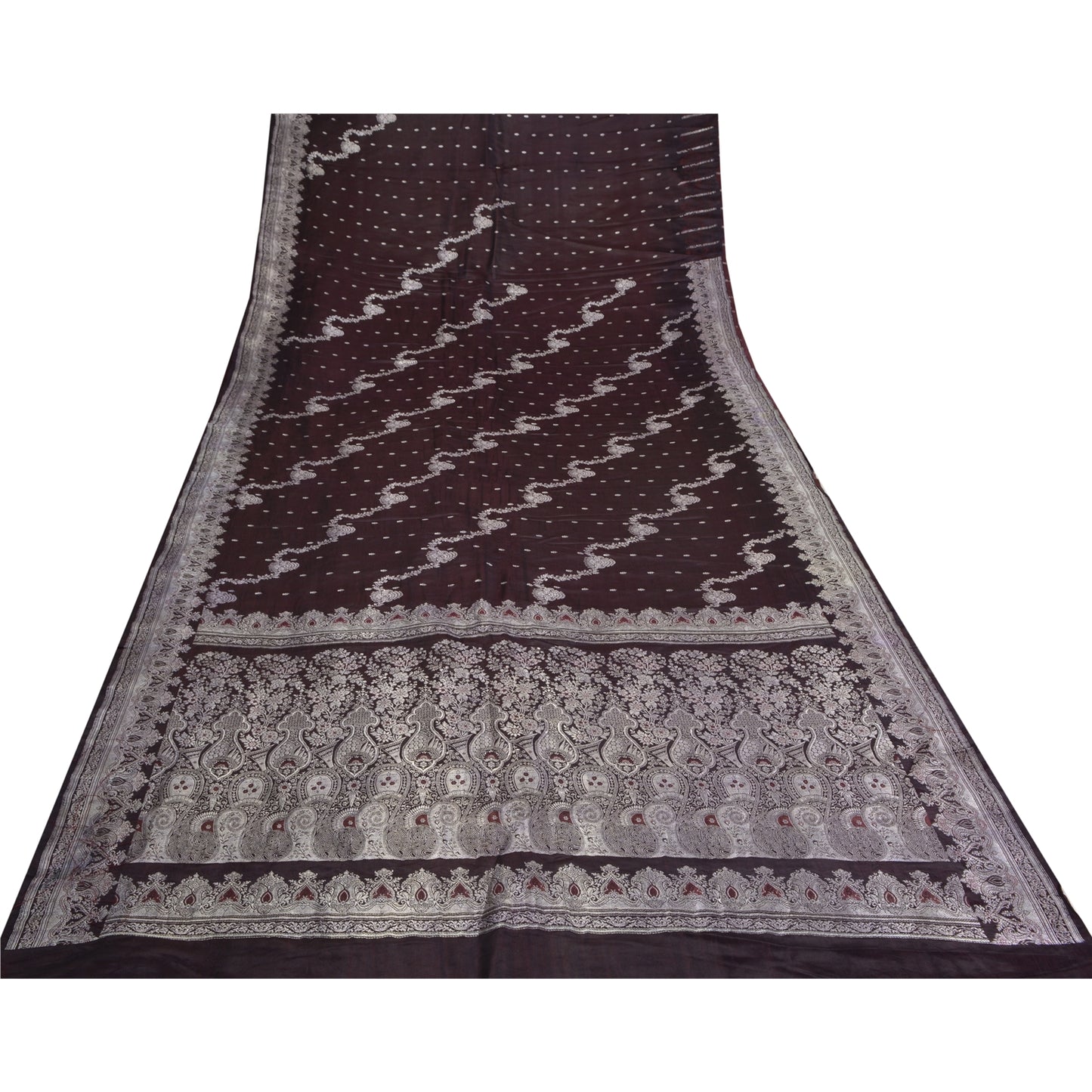 Sanskriti Vintage Dark Brown Sarees Pure Satin Silk Woven Banarasi Sari Sustainable Fabric