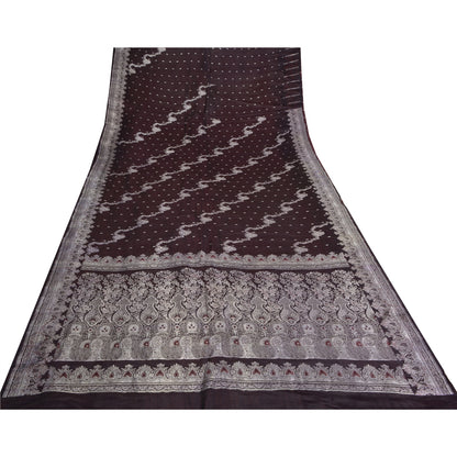 Sanskriti Vintage Dark Brown Sarees Pure Satin Silk Woven Banarasi Sari Sustainable Fabric