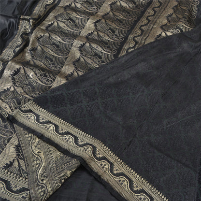 Sanskriti Vintage Black Sarees Pure Satin Zari Woven Brocade/Banarasi Sari Sustainable Fabric