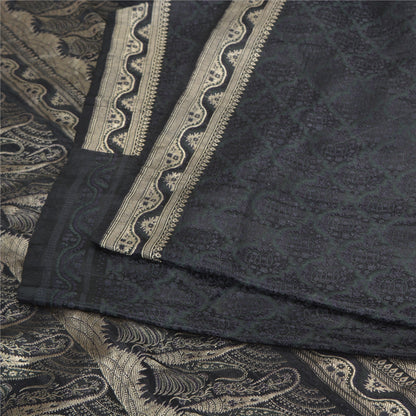 Sanskriti Vintage Black Sarees Pure Satin Zari Woven Brocade/Banarasi Sari Sustainable Fabric