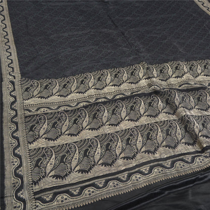 Sanskriti Vintage Black Sarees Pure Satin Zari Woven Brocade/Banarasi Sari Sustainable Fabric