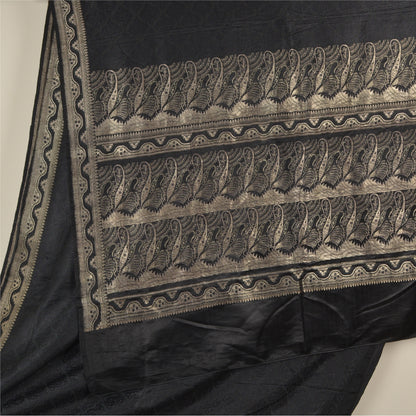 Sanskriti Vintage Black Sarees Pure Satin Zari Woven Brocade/Banarasi Sari Sustainable Fabric