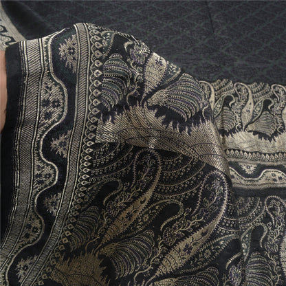 Sanskriti Vintage Black Sarees Pure Satin Zari Woven Brocade/Banarasi Sari Sustainable Fabric