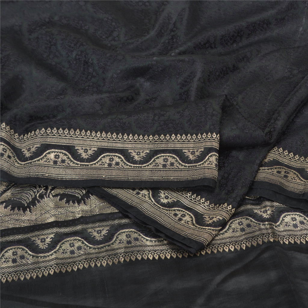 Sanskriti Vintage Black Sarees Pure Satin Zari Woven Brocade/Banarasi Sari Sustainable Fabric