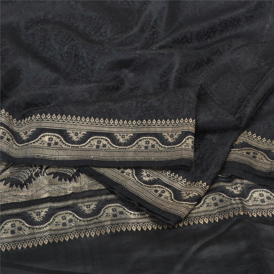 Sanskriti Vintage Black Sarees Pure Satin Zari Woven Brocade/Banarasi Sari Sustainable Fabric