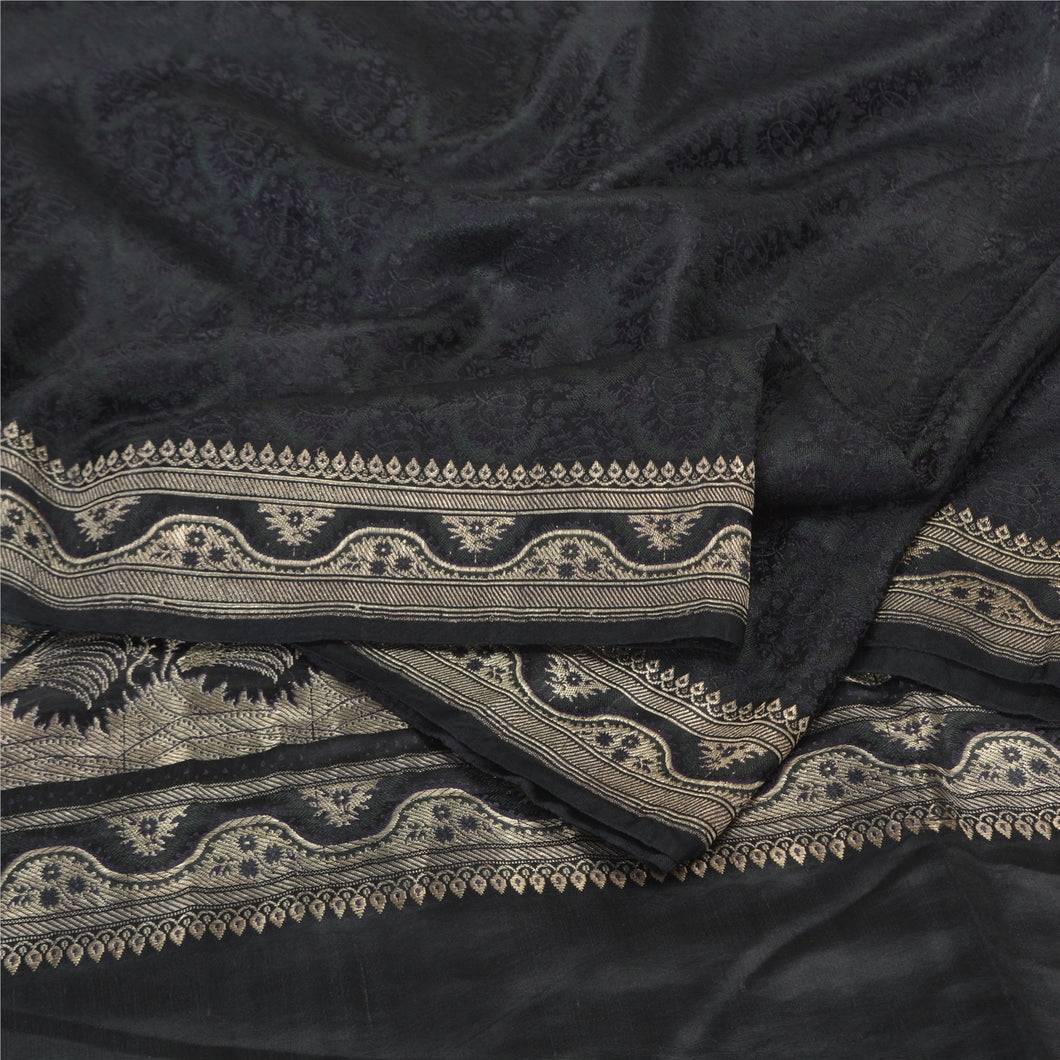 Sanskriti Vintage Black Sarees Pure Satin Woven Brocade/Banarasi Sari Fabric