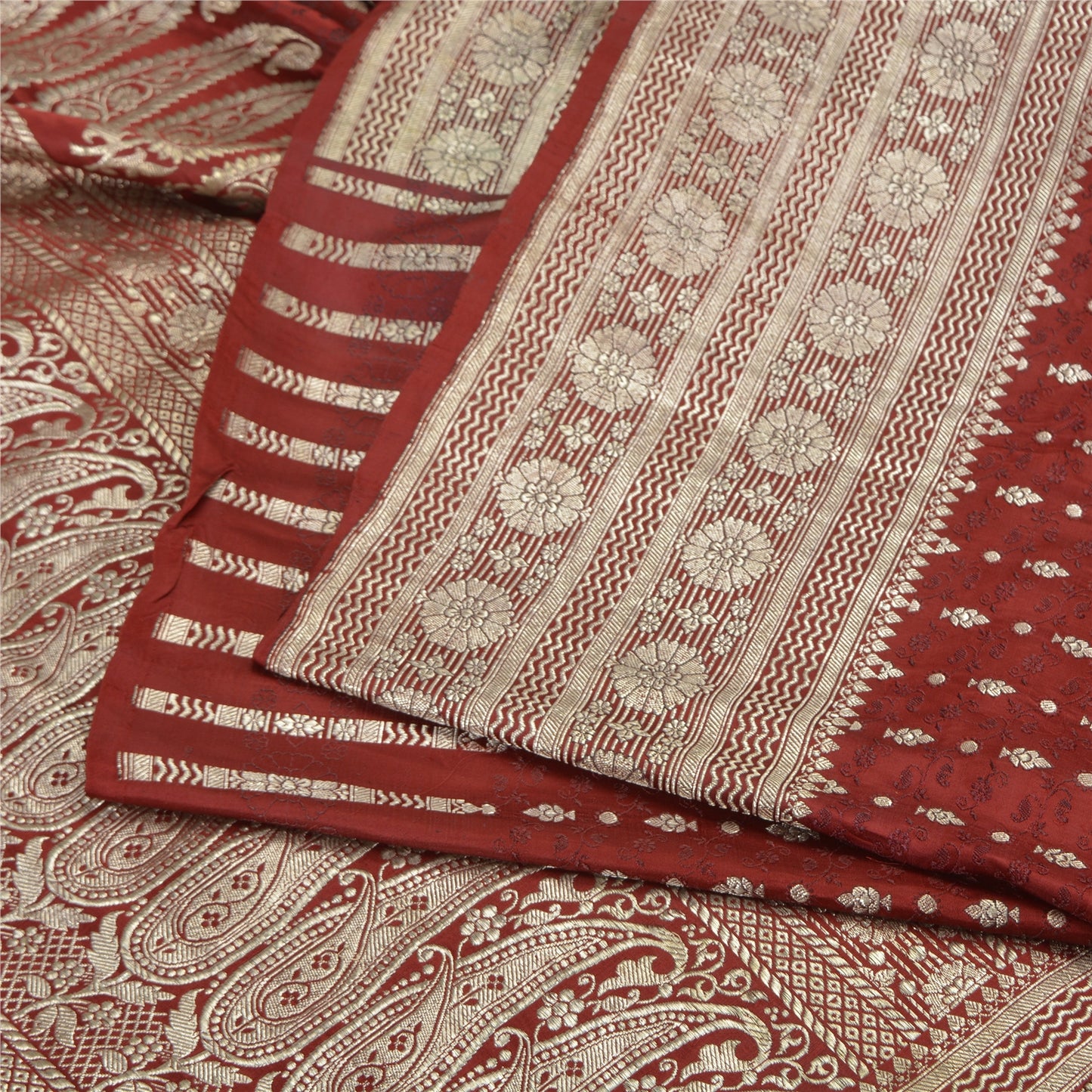 Sanskriti Vintage Dark Red Sarees Pure Satin Woven Brocade/Banarasi Sari Sustainable Fabric