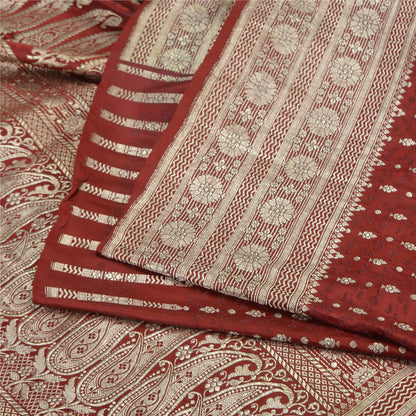 Sanskriti Vintage Dark Red Sarees Pure Satin Woven Brocade/Banarasi Sari Sustainable Fabric