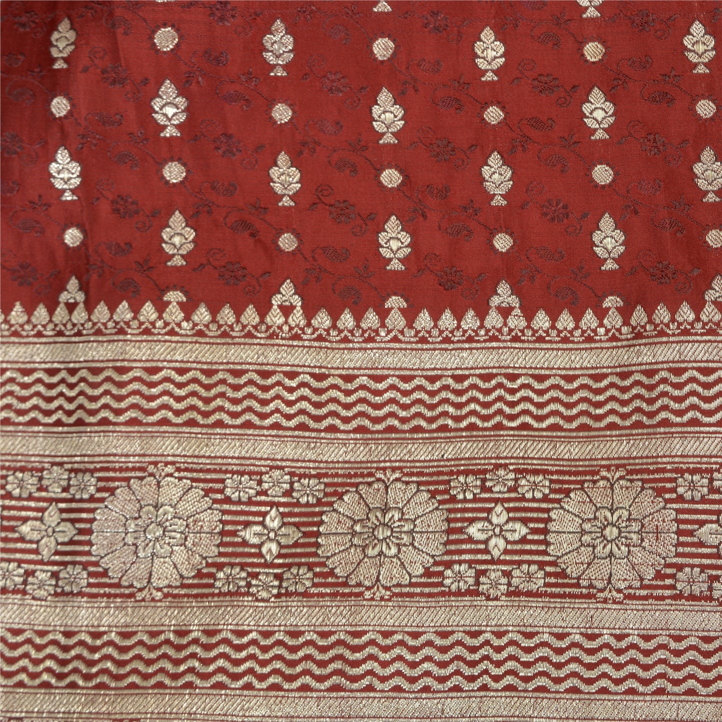 Sanskriti Vintage Dark Red Sarees Pure Satin Woven Brocade/Banarasi Sari Sustainable Fabric