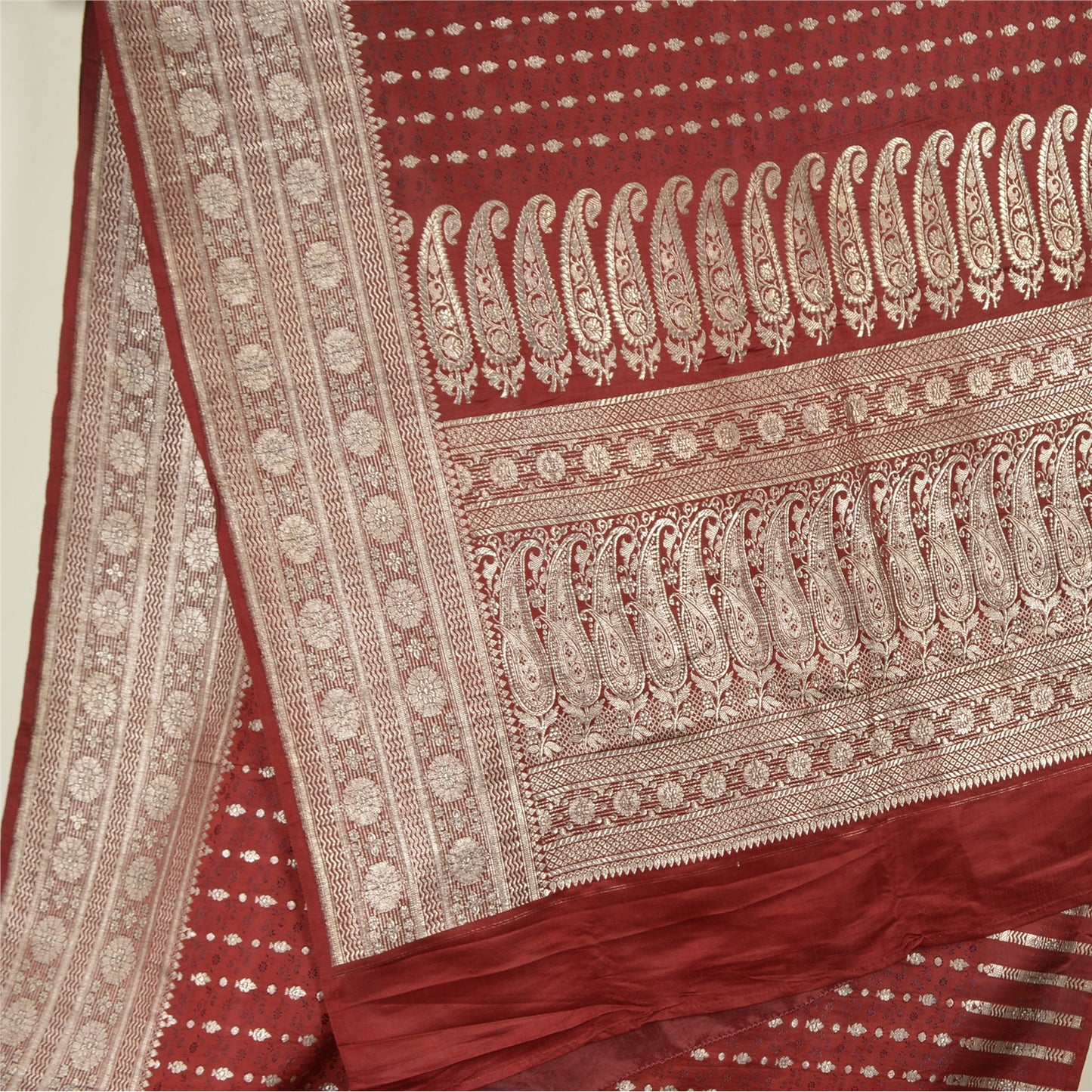 Sanskriti Vintage Dark Red Sarees Pure Satin Woven Brocade/Banarasi Sari Sustainable Fabric