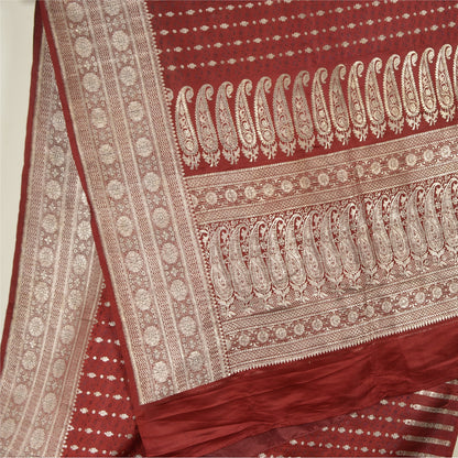 Sanskriti Vintage Dark Red Sarees Pure Satin Woven Brocade/Banarasi Sari Sustainable Fabric