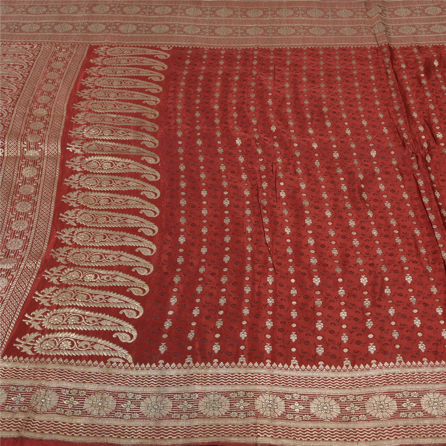 Sanskriti Vintage Dark Red Sarees Pure Satin Woven Brocade/Banarasi Sari Sustainable Fabric
