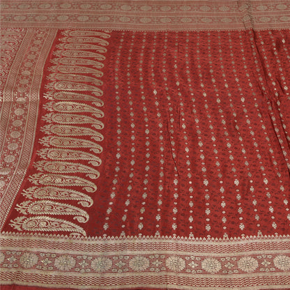 Sanskriti Vintage Dark Red Sarees Pure Satin Woven Brocade/Banarasi Sari Sustainable Fabric