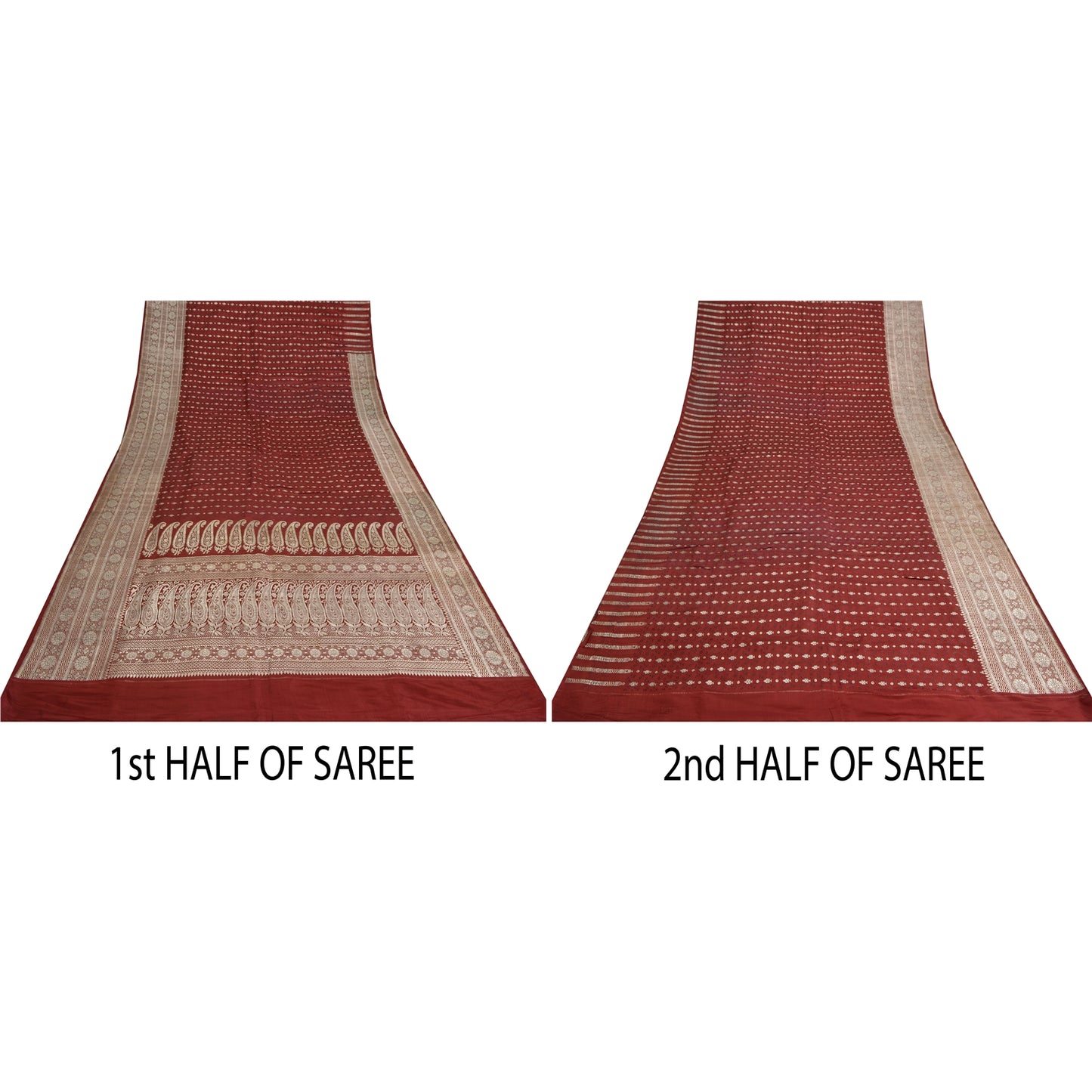 Sanskriti Vintage Dark Red Sarees Pure Satin Woven Brocade/Banarasi Sari Sustainable Fabric