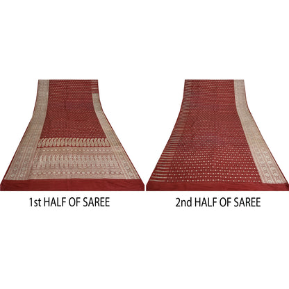 Sanskriti Vintage Dark Red Sarees Pure Satin Woven Brocade/Banarasi Sari Sustainable Fabric