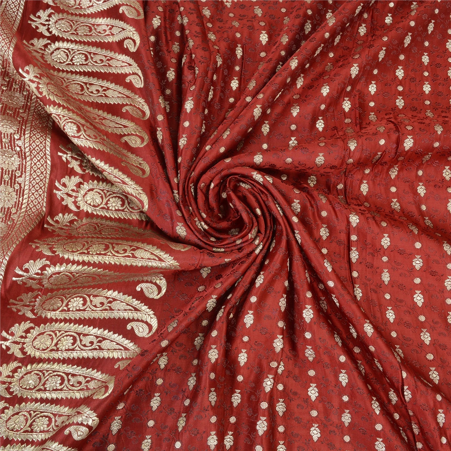 Sanskriti Vintage Dark Red Sarees Pure Satin Woven Brocade/Banarasi Sari Sustainable Fabric