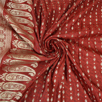 Sanskriti Vintage Dark Red Sarees Pure Satin Woven Brocade/Banarasi Sari Sustainable Fabric