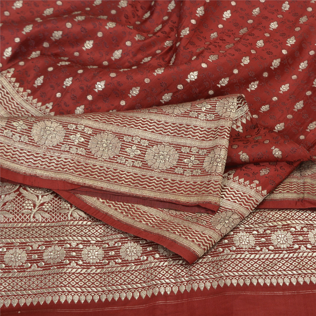 Sanskriti Vintage Dark Red Sarees Pure Satin Woven Brocade/Banarasi Sari Fabric