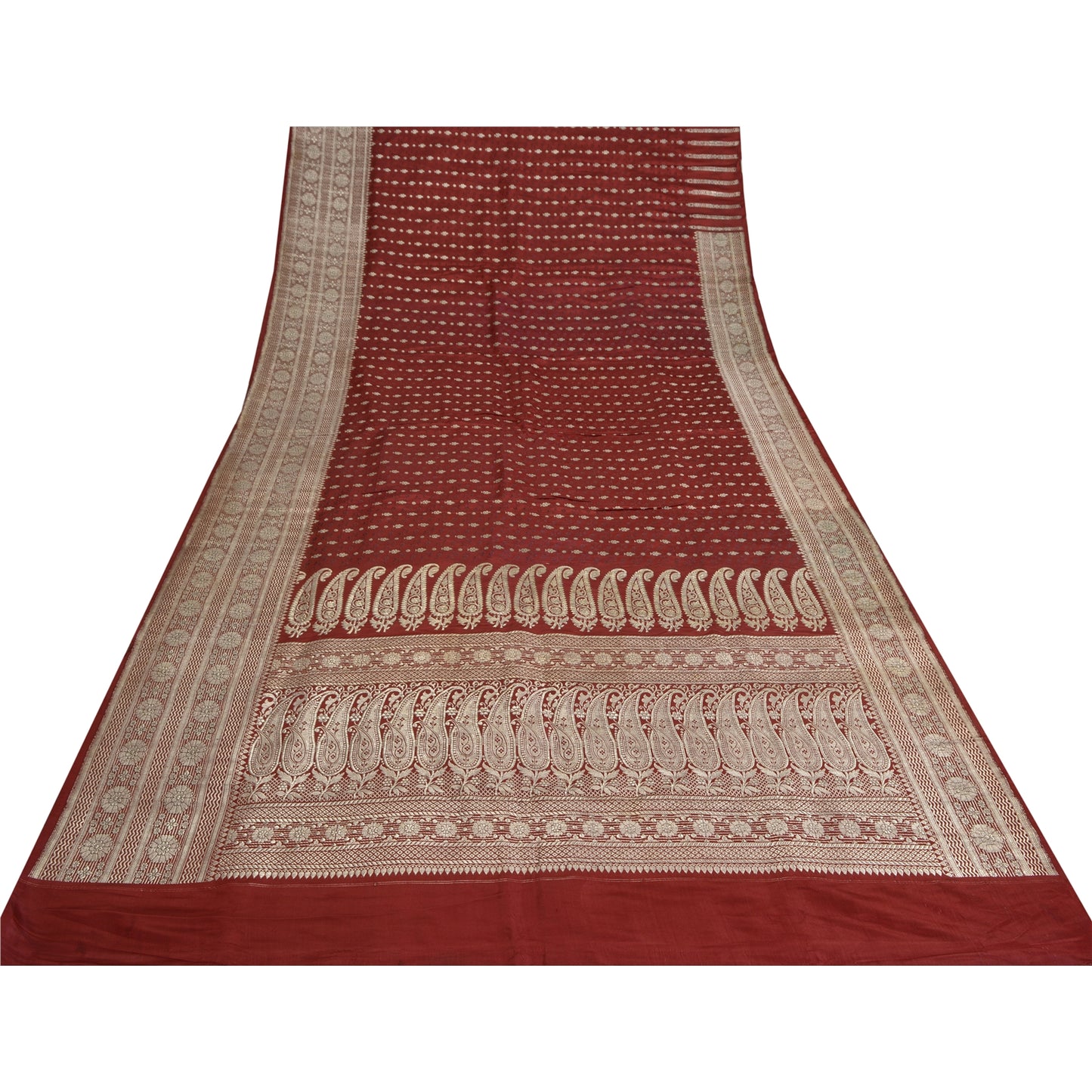 Sanskriti Vintage Dark Red Sarees Pure Satin Woven Brocade/Banarasi Sari Sustainable Fabric