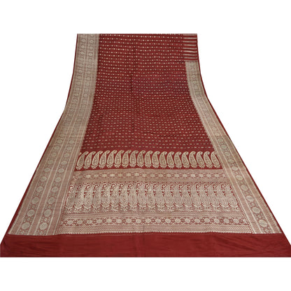 Sanskriti Vintage Dark Red Sarees Pure Satin Woven Brocade/Banarasi Sari Sustainable Fabric
