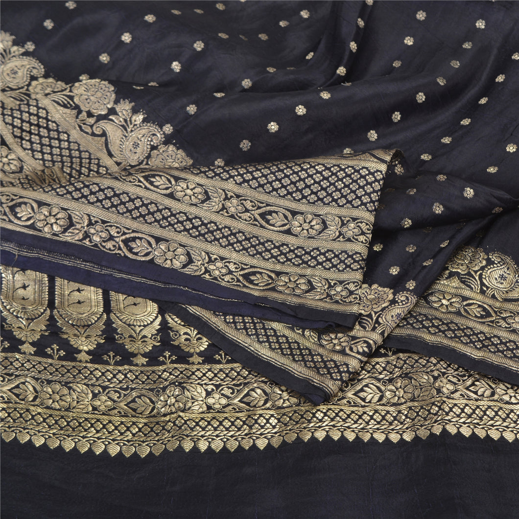 Sanskriti Vintage Navy Blue Sarees Pure Satin Silk Brocade/Banarasi Sari Fabric