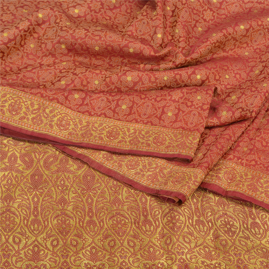 Sanskriti Vintage Red Sarees Pure Satin Silk Woven Brocade/Banarasi Sari Fabric