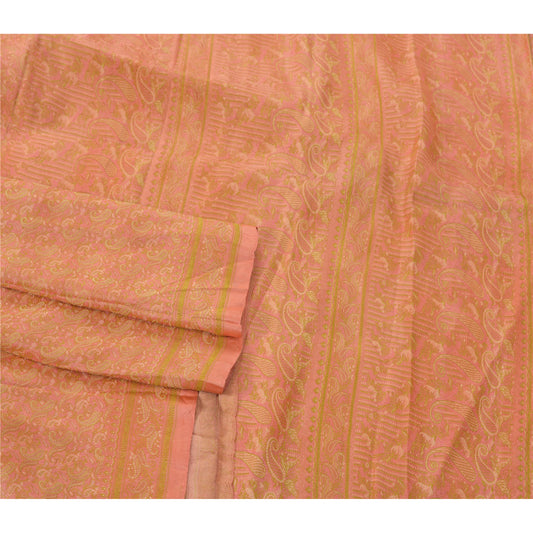 Sanskriti Vintage Saree 100% Pure Silk Peach Indian Sarees Banarasi Woven 5 Yd Craft Fabric For Upcycled Sarongs Scarves Stoles