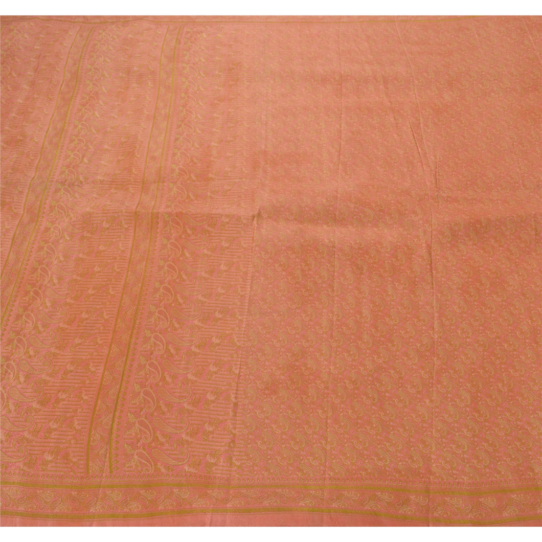 Sanskriti Vintage Peach Heavy Saree Pure Satin Silk 5Yd Fabric Woven Ethnic Sari