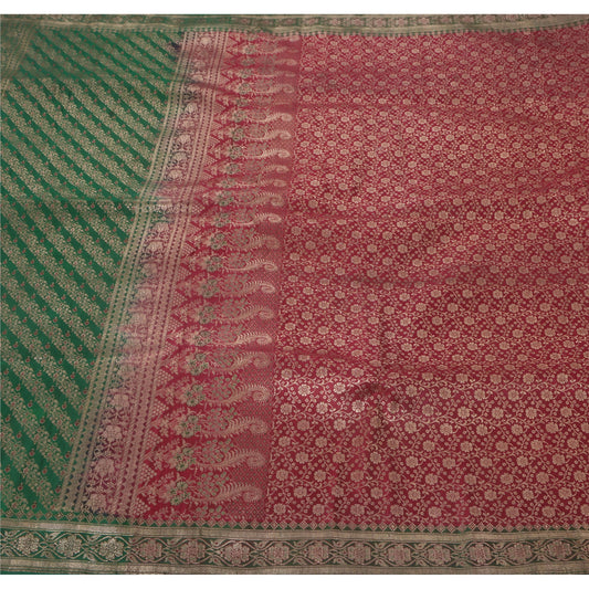 Sanskriti Vintage Green Heavy Saree Pure Satin Silk Banarasi Brocade Sustainable Fabric Sari