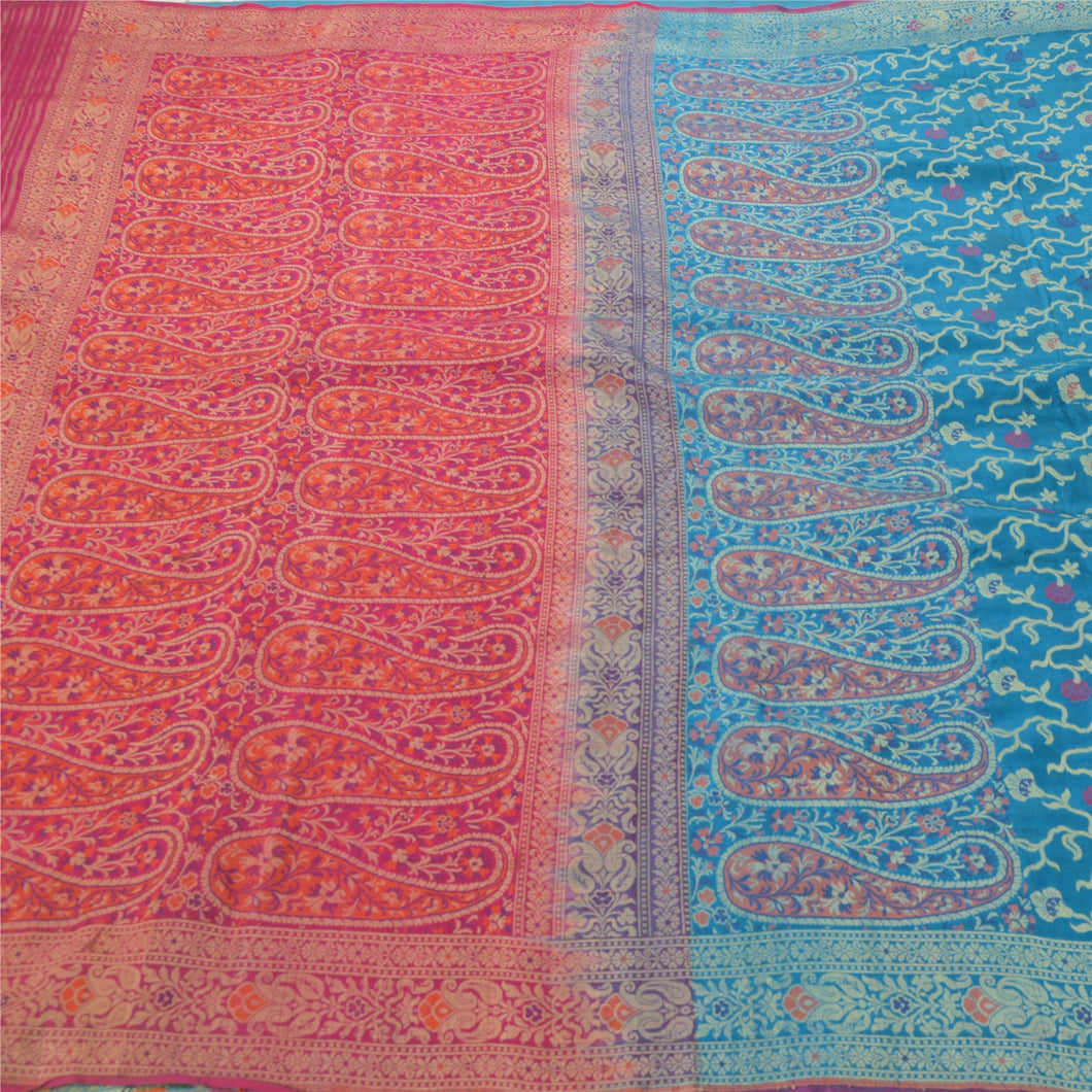 Sanskriti Vintage Blue Heavy Saree Pure Silk Woven Decor 5 Yd Fabric Craft Sari