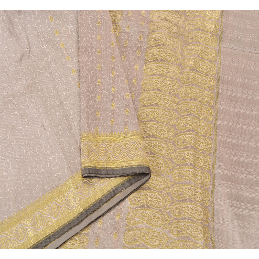 Sanskriti Vintage Cream Heavy Saree Art Silk Banarasi Brocade Fabric Sari