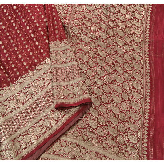 Sanskriti Vintage Red Heavy Saree Pure Satin Silk Banarasi Brocade Sustainable Fabric Sari