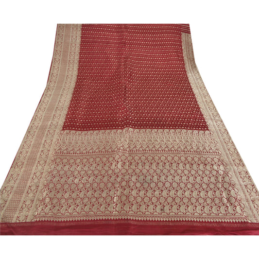 Sanskriti Vintage Red Heavy Saree Pure Satin Silk Banarasi Brocade Sustainable Fabric Sari