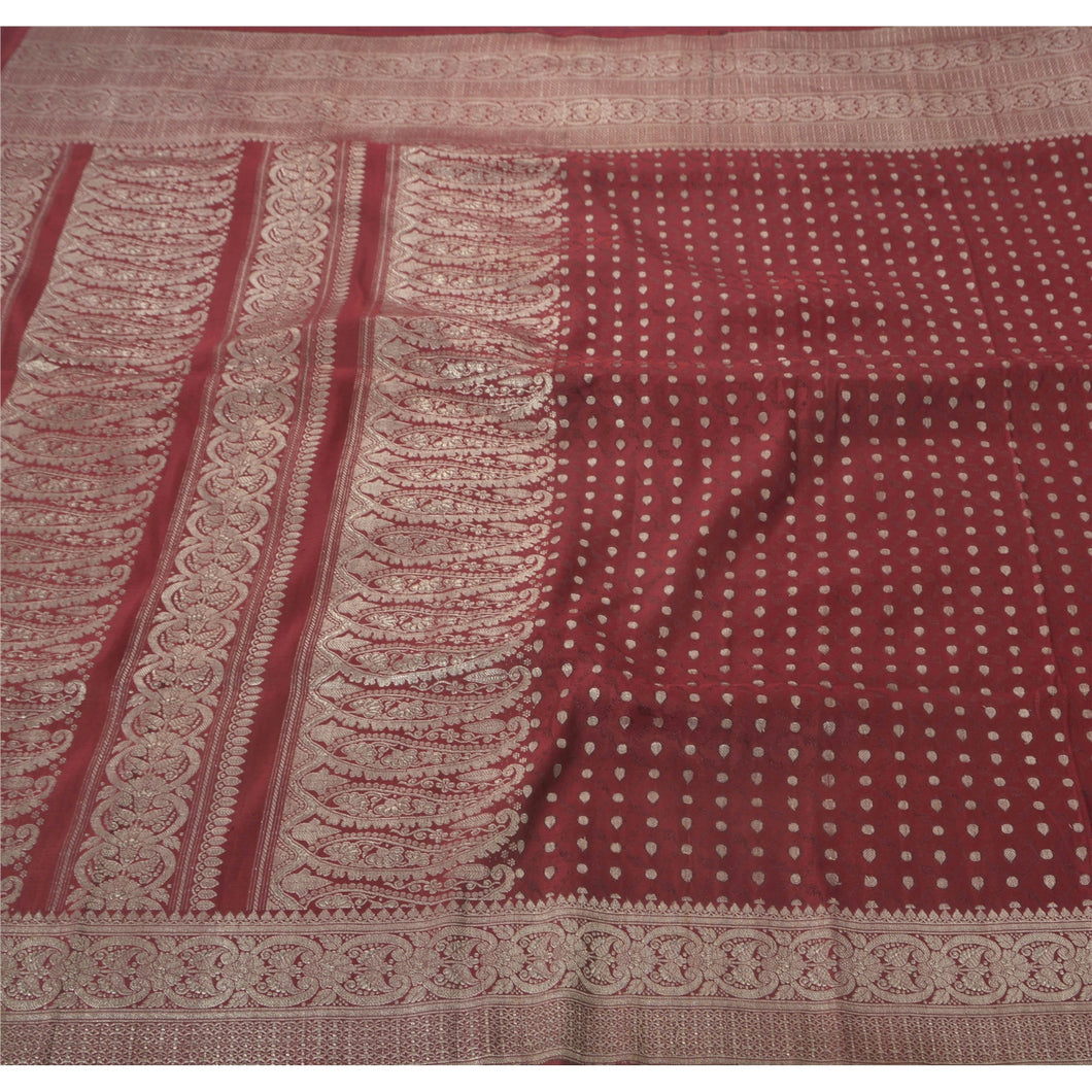 Sanskriti Vintage Red Heavy Saree Pure Satin Silk Banarasi Brocade Fabric Sari
