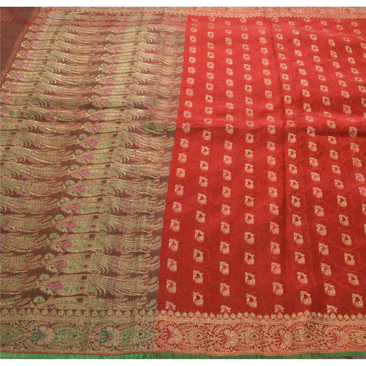 Sanskriti Vintage Red Heavy Saree Art Silk Banarasi Brocade Woven Sustainable Fabric Sari