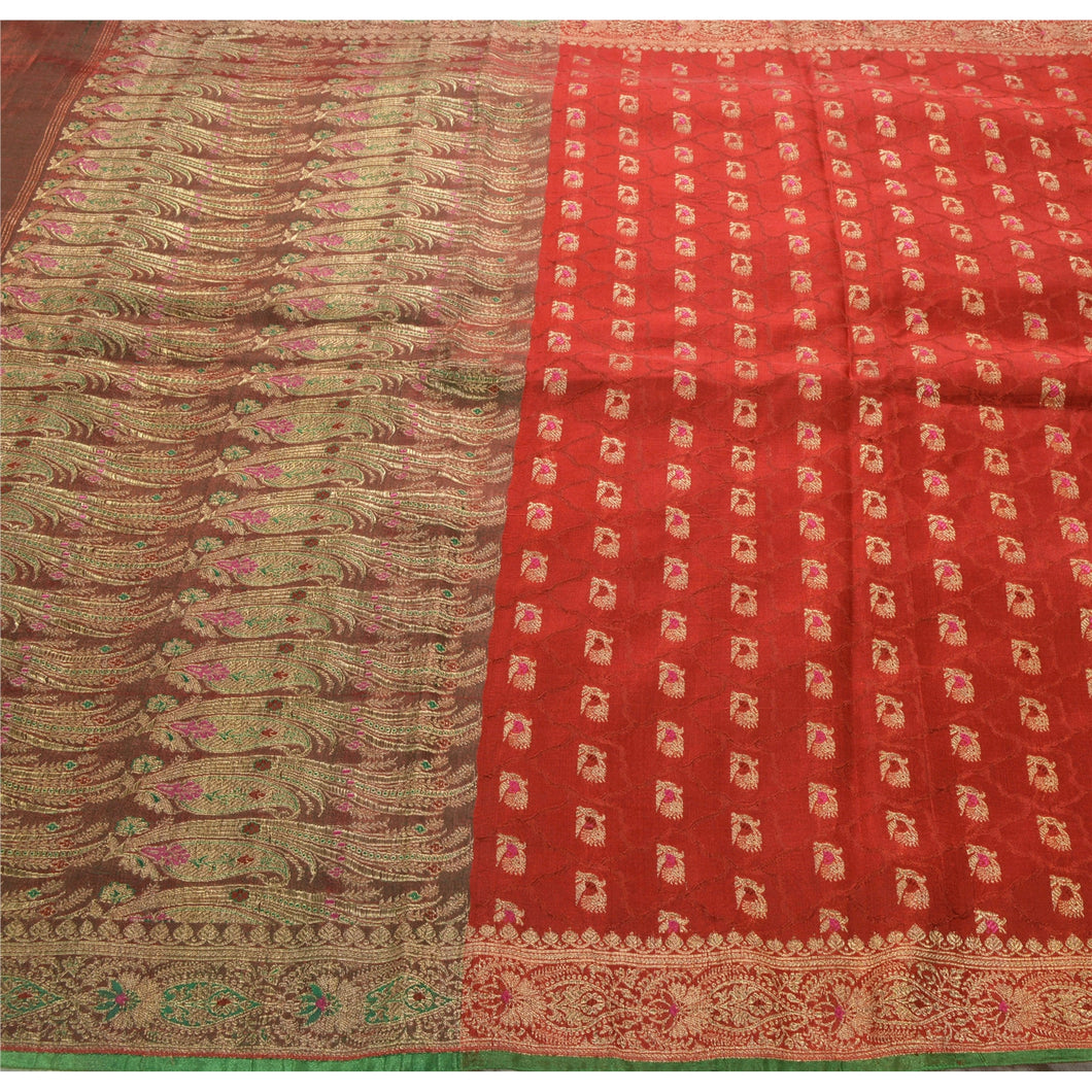 Sanskriti Vintage Red Heavy Saree Art Silk Banarasi Brocade Woven Fabric Sari