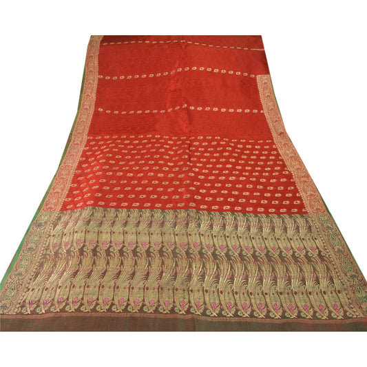 Sanskriti Vintage Red Heavy Saree Art Silk Banarasi Brocade Woven Sustainable Fabric Sari
