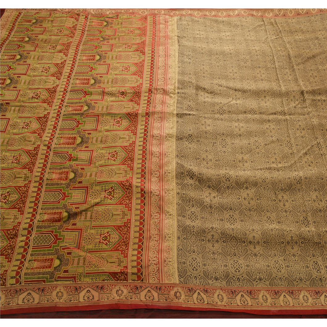 Sanskriti Vintage Cream Heavy Saree 100% Pure Satin Silk Woven 5 Yd Fabric Sari