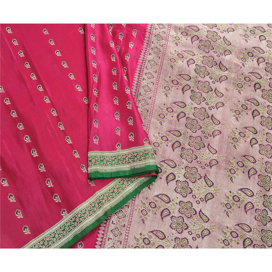 Sanskriti Vintage Pink Heavy Saree Pure Satin Silk Banarasi Brocade Sustainable Fabric Sari
