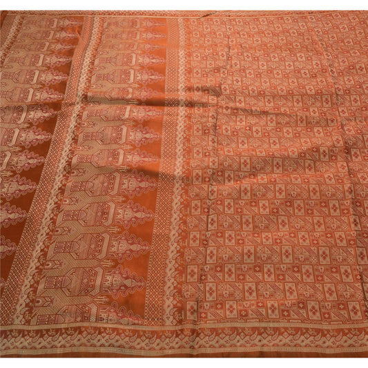 Sanskriti Vintage Peach Heavy Saree 100% Pure Satin Silk Banarasi Woven Sustainable Fabric Sari