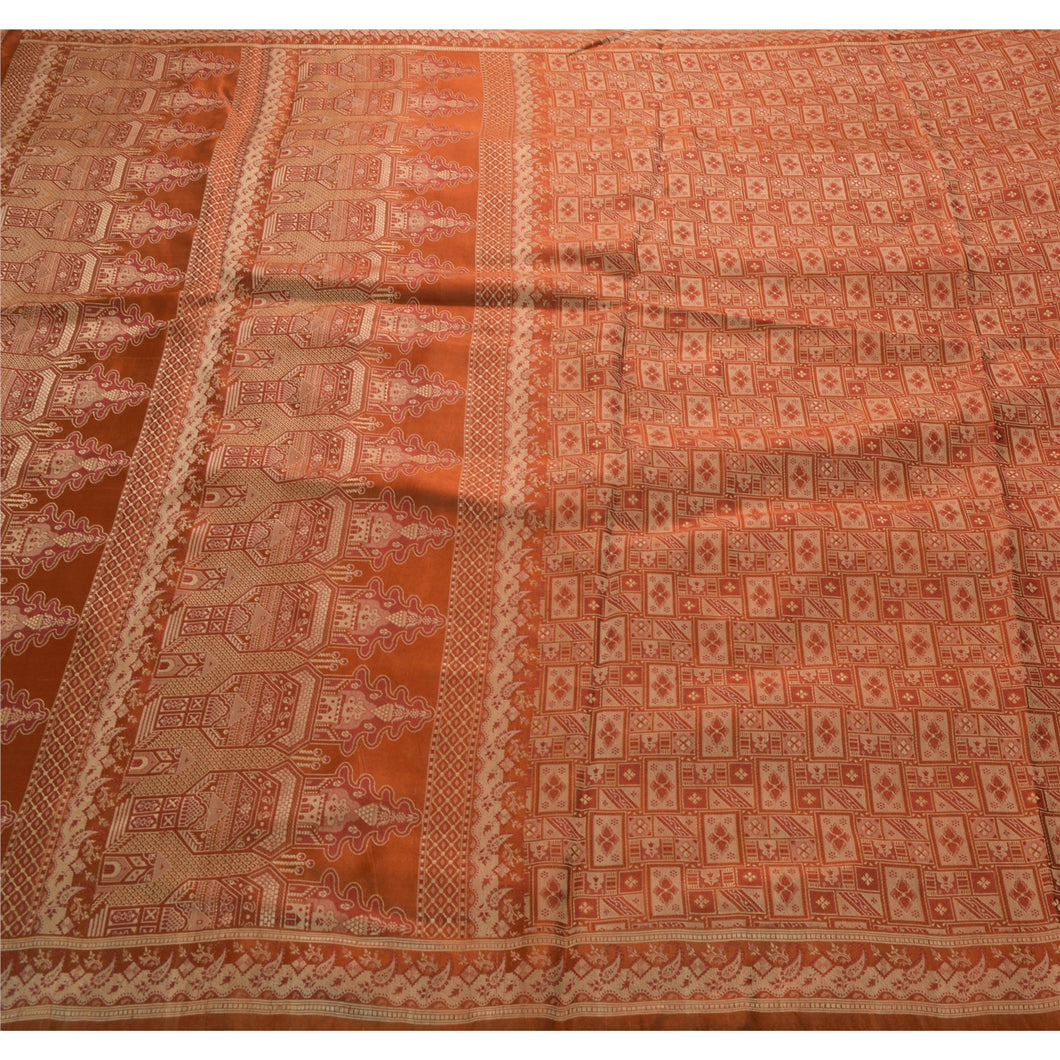 Sanskriti Vintage Peach Heavy Saree 100% Pure Satin Silk Woven Fabric Sari