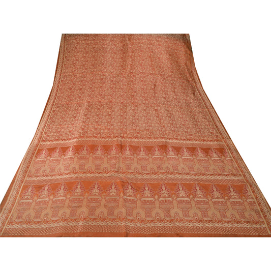 Sanskriti Vintage Peach Heavy Saree 100% Pure Satin Silk Banarasi Woven Sustainable Fabric Sari