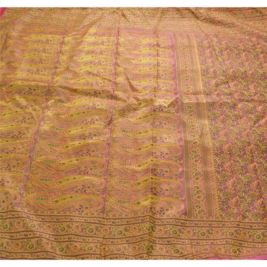 Sanskriti Vintage Pink Heavy Saree Woven Banarasi Brocade Pure Silk Craft 5 Yd Sustainable Fabric Sari