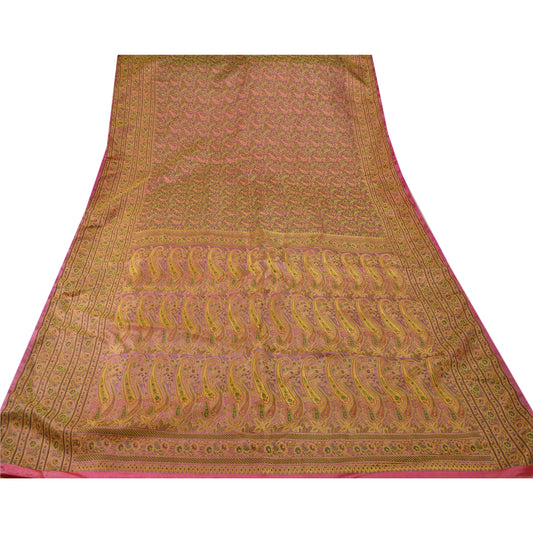 Sanskriti Vintage Pink Heavy Saree Woven Banarasi Brocade Pure Silk Craft 5 Yd Sustainable Fabric Sari