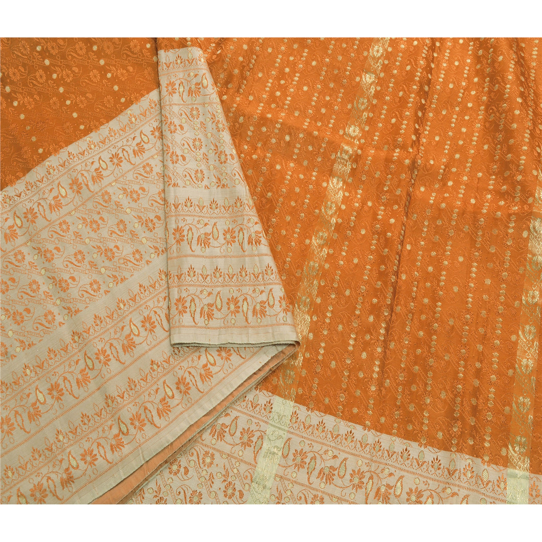 Sanskriti Vintage Saffron Heavy Saree Pure Satin Silk Woven Fabric Ethnic Sari