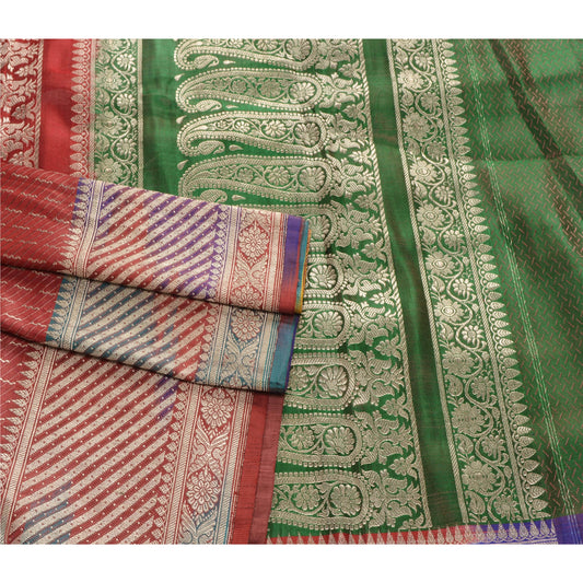 Sanskriti Vintage Sari Rankat Banarasi Brocade : Indian Wedding Red & Green 100% Pure Silk 5YD Sarees Zari Hand Woven Heritage Saree