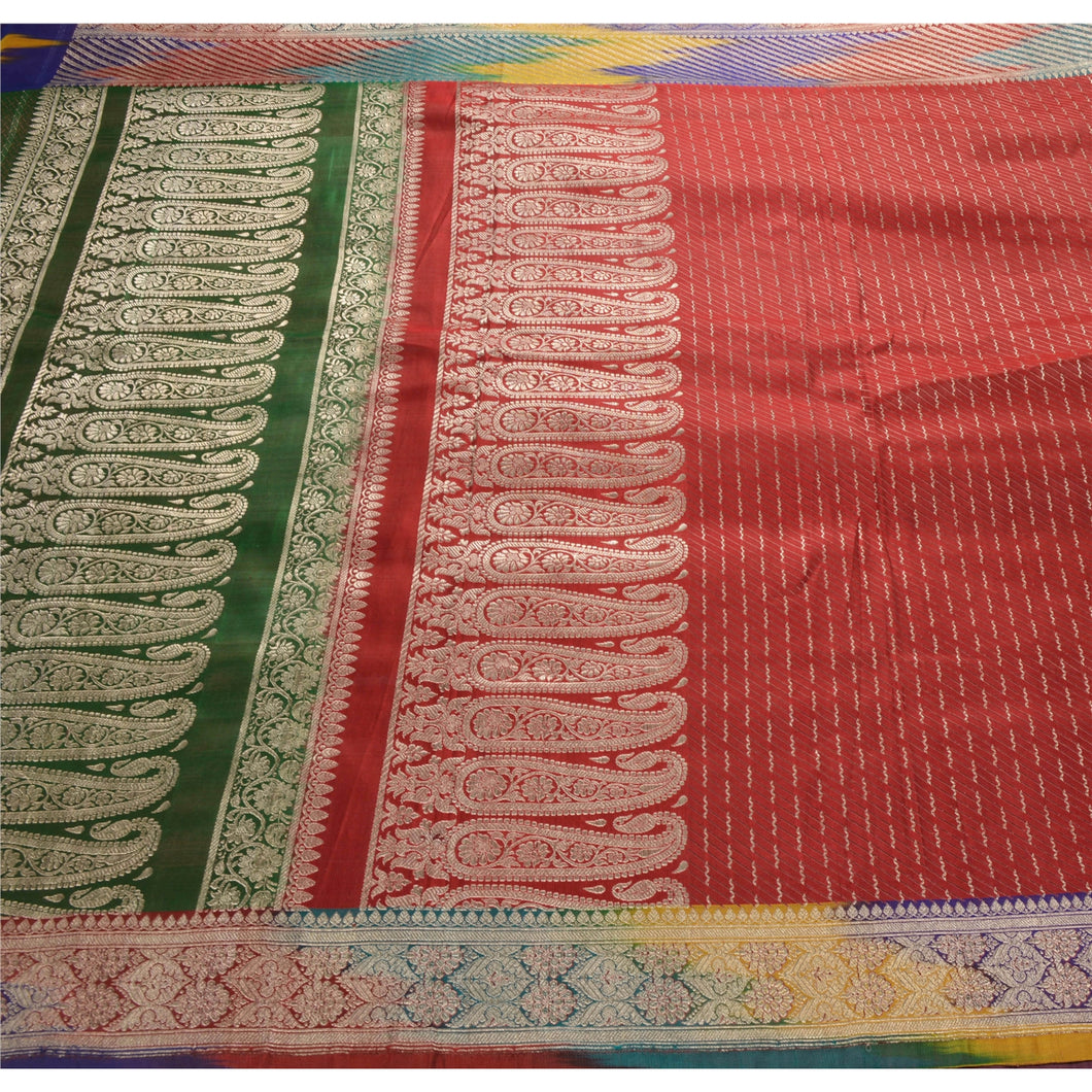 Sanskriti Vintage Red Heavy Saree Pure Satin Silk Banarasi Brocade Fabric Sari